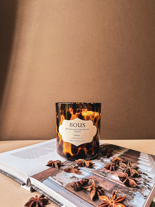 Tortie Glass in Ochre, Spiced Orange Hand Poured Soy Aromatherapy Candle