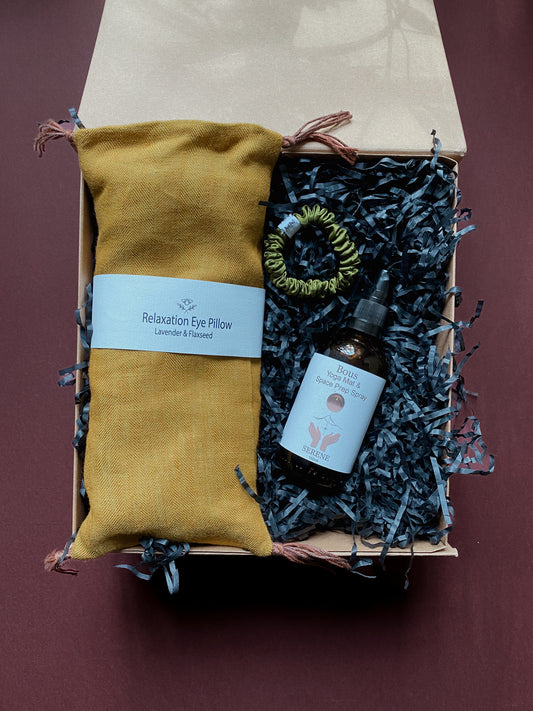 Yoga Gift Box, yoga spray, meditation pillow and silk scrunchie